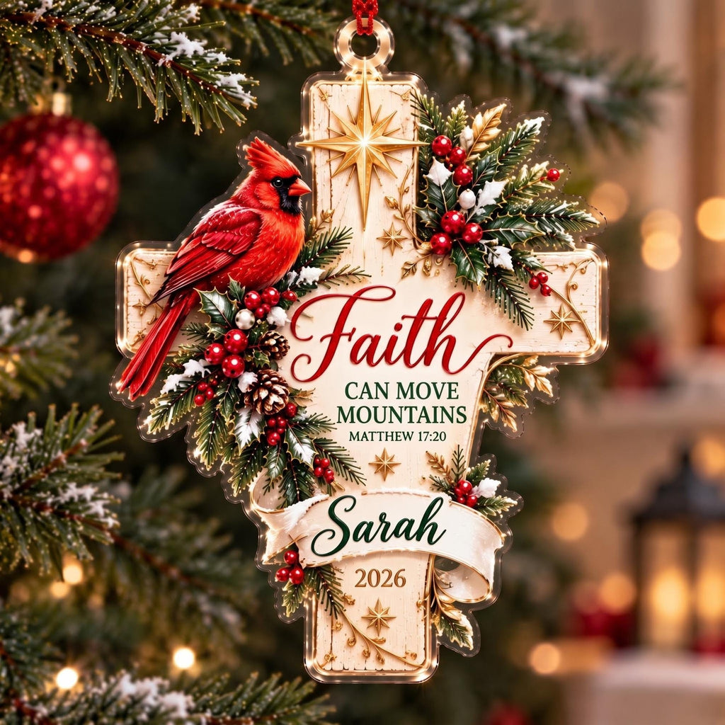 Faith Can Move Mountains Cardinal Cross Acrylic Ornament - Acrylic Christmas Ornament, detail view