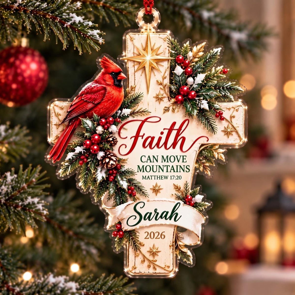 Faith Can Move Mountains Cardinal Cross Acrylic Ornament - Acrylic Christmas Ornament, detail view