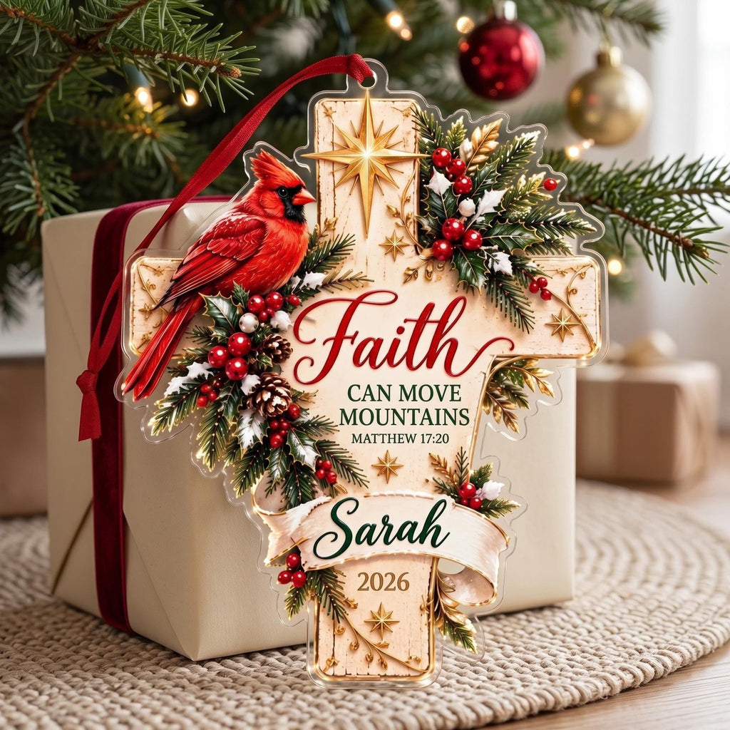 Faith Can Move Mountains Cardinal Cross Acrylic Ornament - Acrylic Christmas Ornament, styled in the home