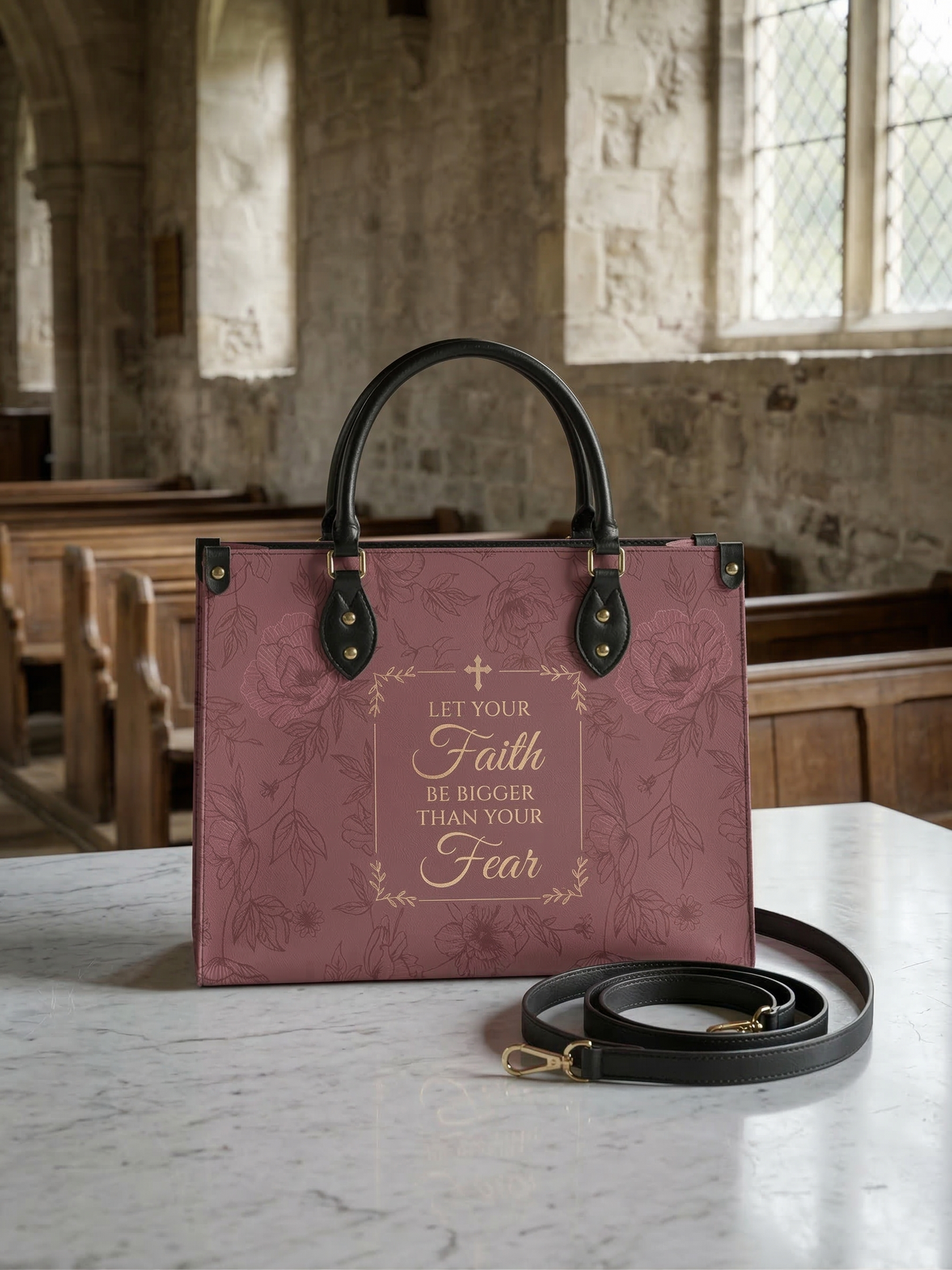 Faith Over Fear PU Leather Handbag - Christian Handbag, close-up of the print