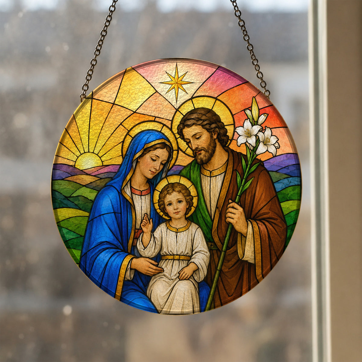 Familia Sancta Glass Suncatcher - Catholic Suncatcher, styled in the home