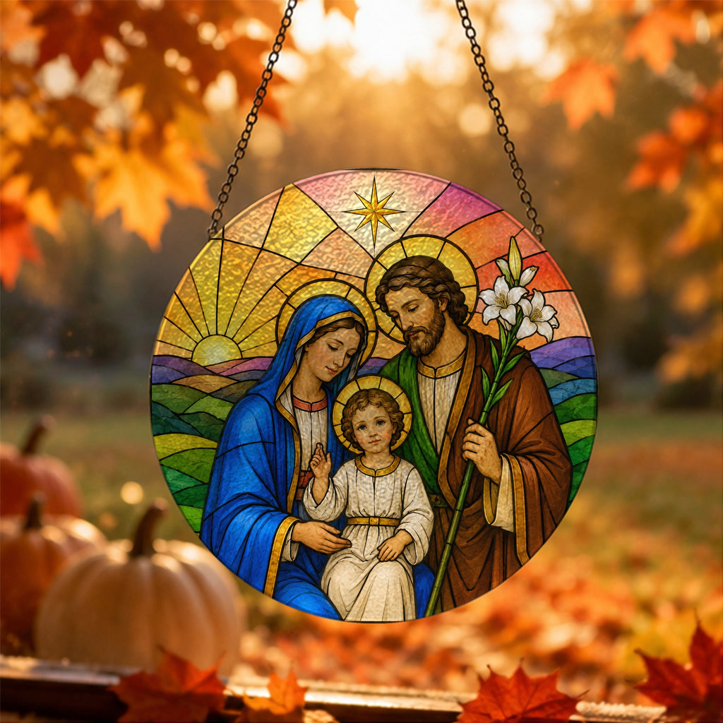Familia Sancta Glass Suncatcher - Catholic Suncatcher, hanging display
