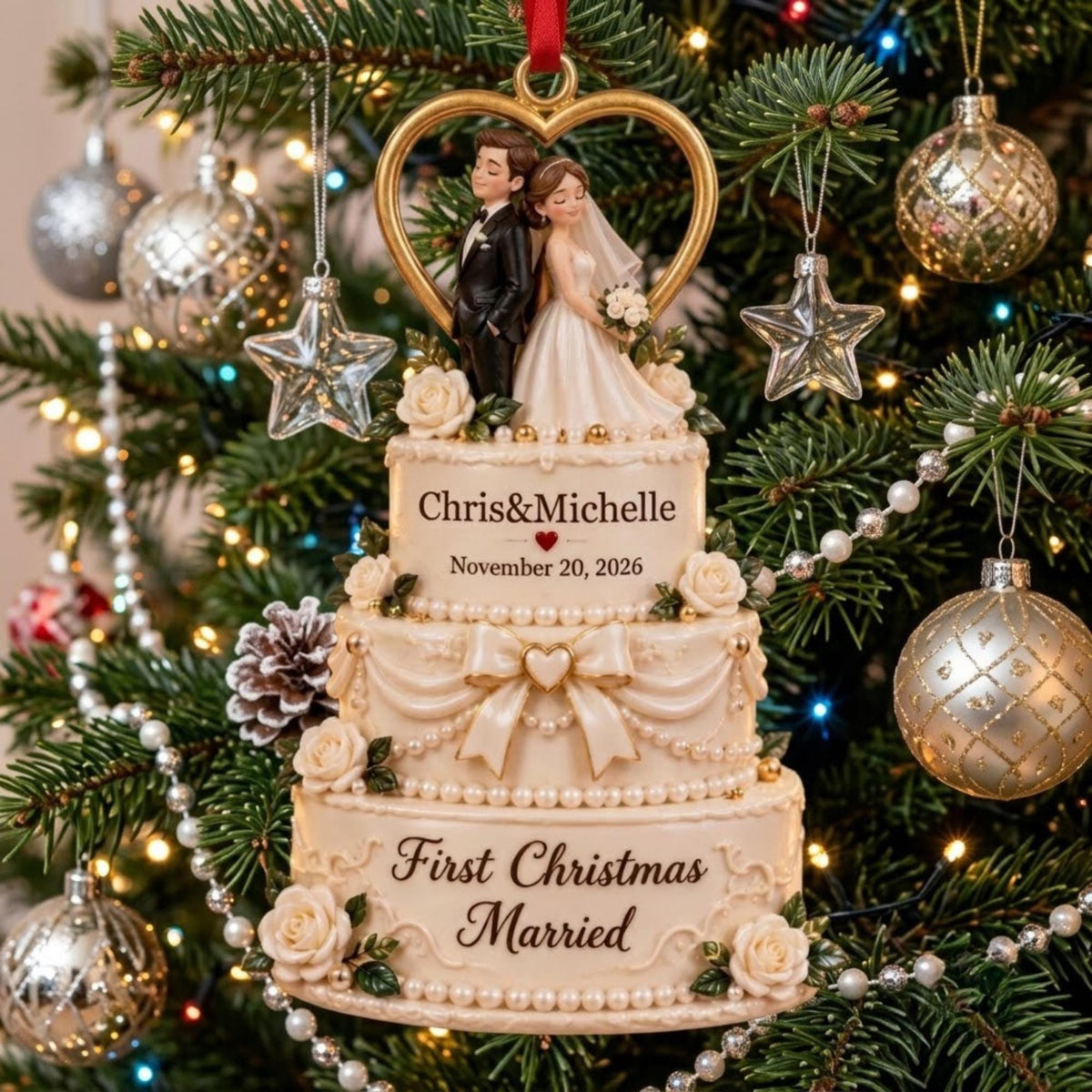 First Christmas Married Wedding Cake Couple Acrylic Ornament - Acrylic Christmas Ornament, detail view