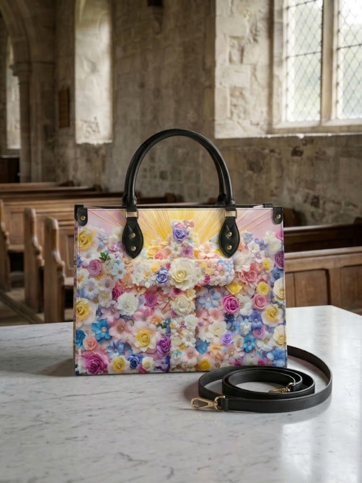 Floral PU Leather Handbag - Christian Handbag, close-up of the print