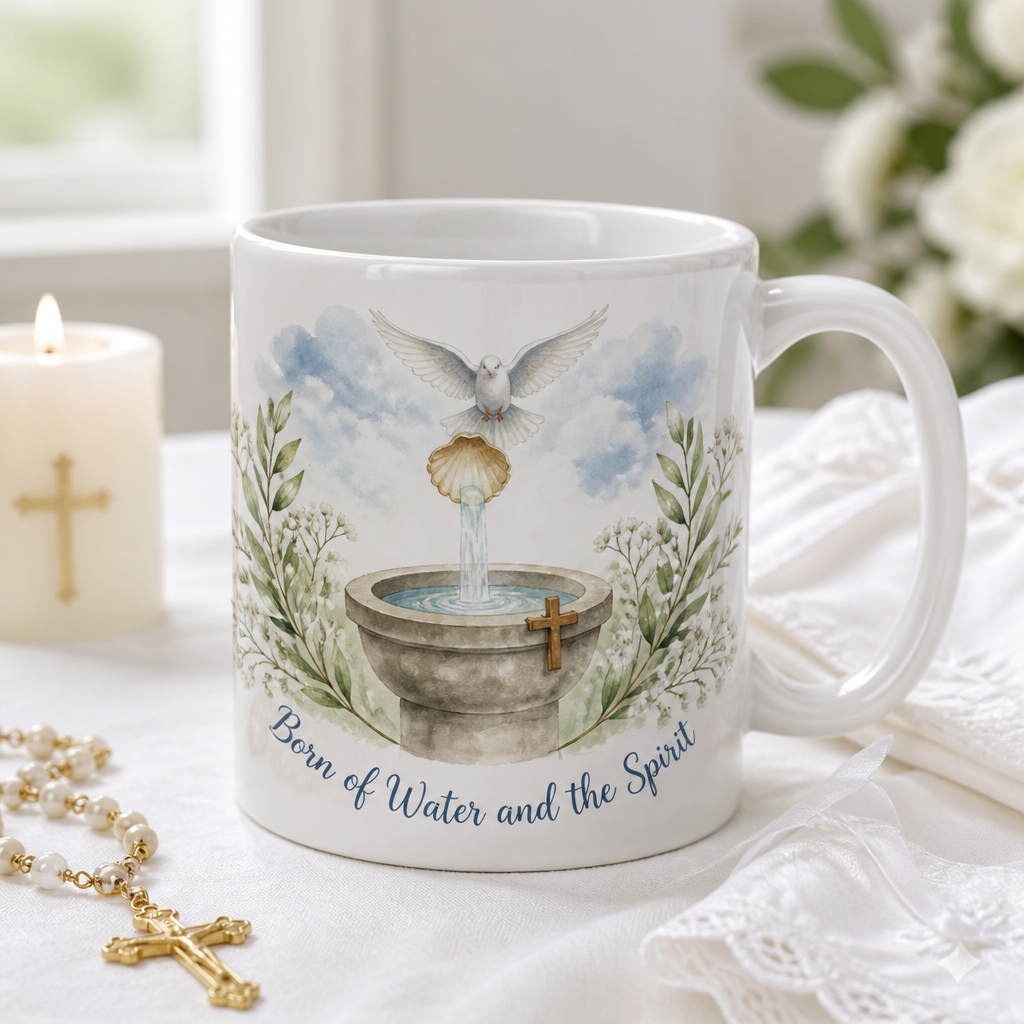 Font Beneath The Dove Ceramic Mug - Christian Coffee Mug, front view