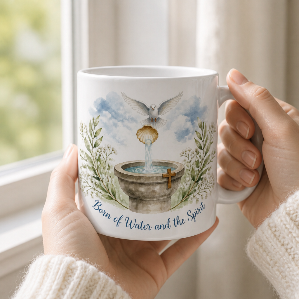 Font Beneath The Dove Ceramic Mug - Christian Coffee Mug, styled in the home