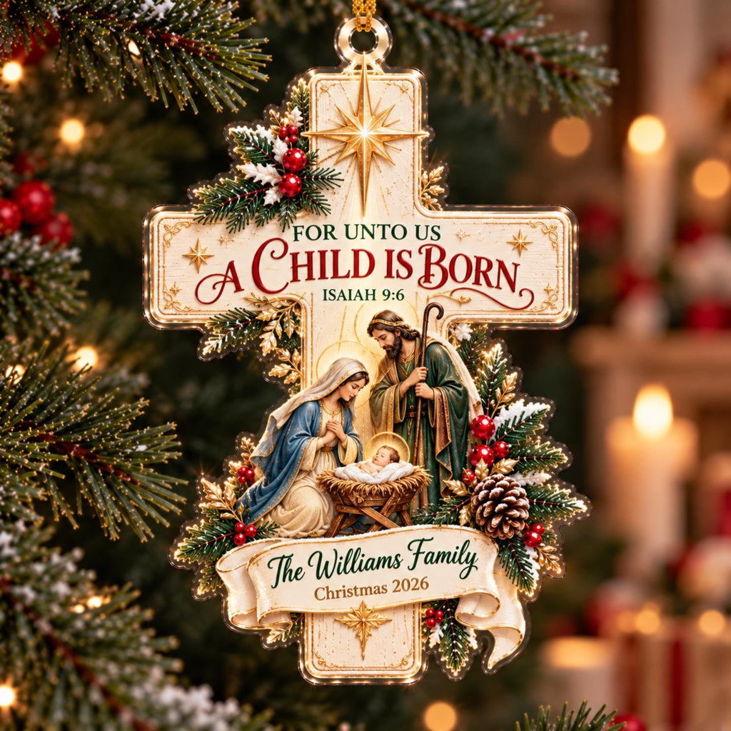 For Unto Us a Child Is Born Nativity Cross Acrylic Ornament - Acrylic Christmas Ornament, front view