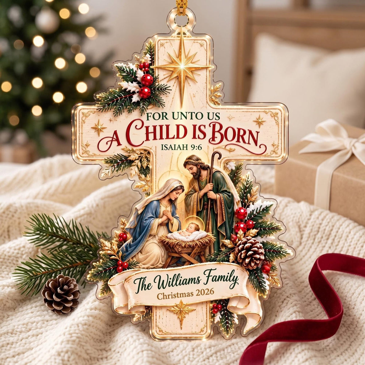 For Unto Us a Child Is Born Nativity Cross Acrylic Ornament - Acrylic Christmas Ornament, styled in the home
