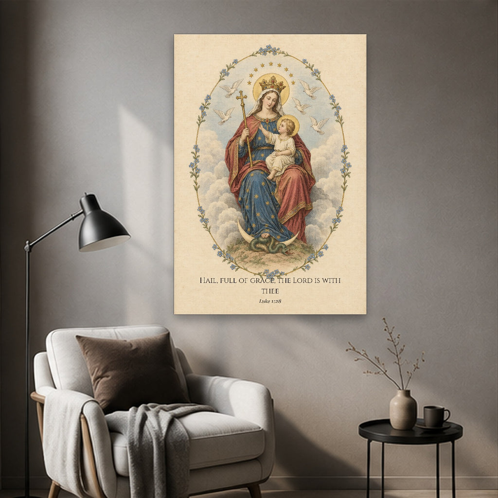 Full of Grace in Engraving Canvas Wall Art - Catholic Wall Art, styled in the home
