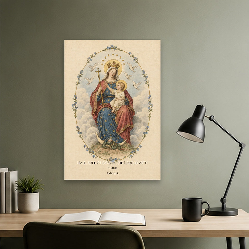 Full of Grace in Engraving Canvas Wall Art - Catholic Wall Art, close-up of the print