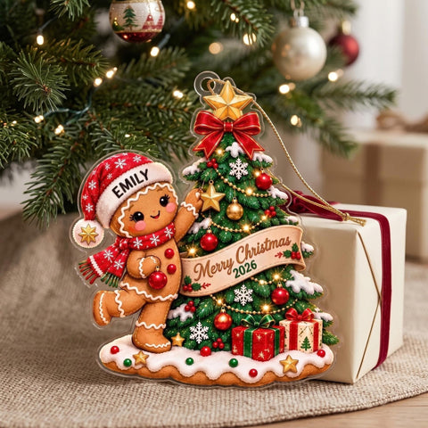 Gingerbread Girl Decorating Christmas Tree Acrylic Ornament - Acrylic Christmas Ornament, front view