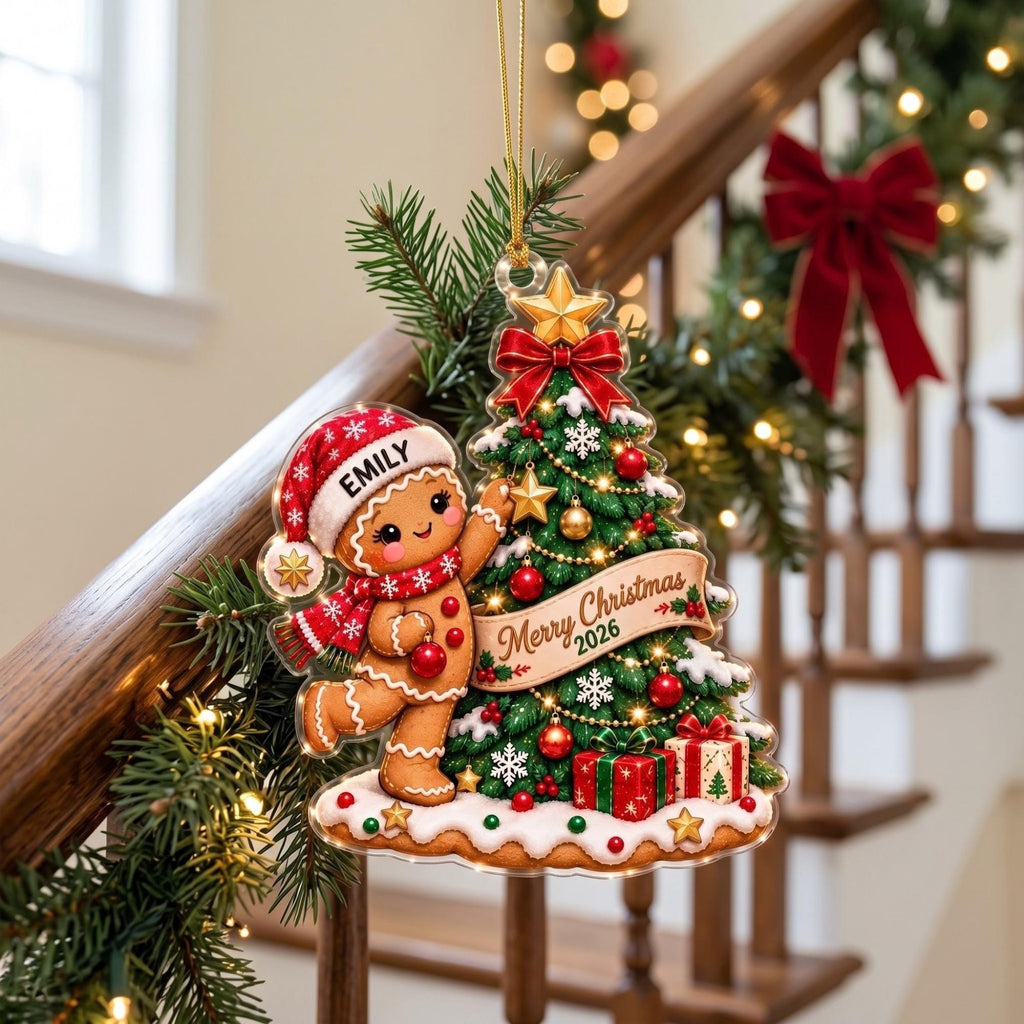 Gingerbread Girl Decorating Christmas Tree Acrylic Ornament - Acrylic Christmas Ornament, detail view