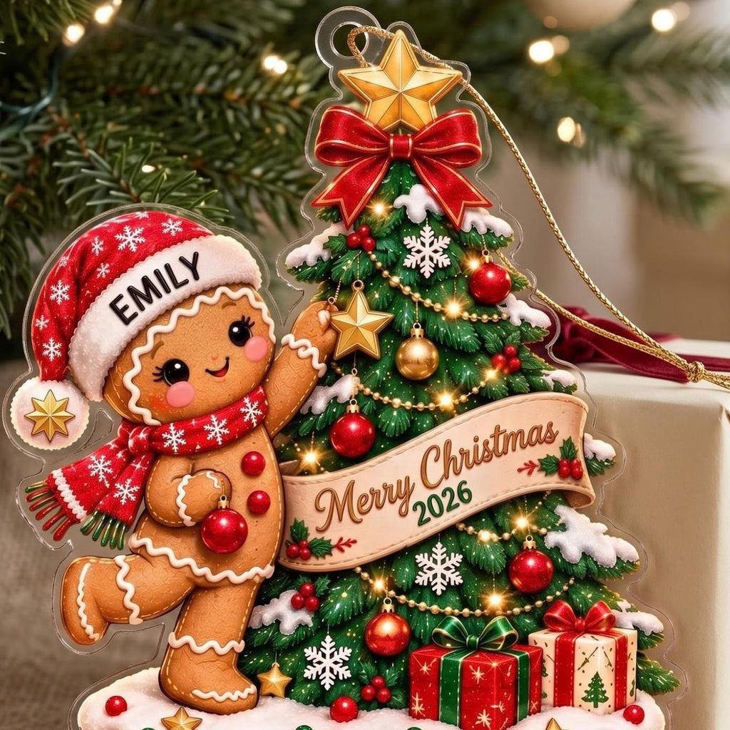 Gingerbread Girl Decorating Christmas Tree Acrylic Ornament - Acrylic Christmas Ornament, styled in the home