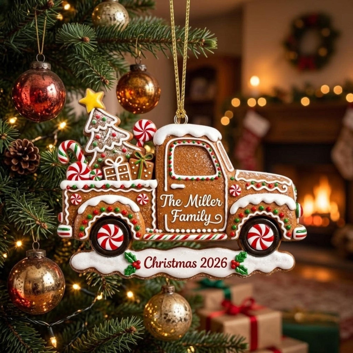 Gingerbread Truck Christmas Holly Acrylic Ornament - Acrylic Christmas Ornament, detail view