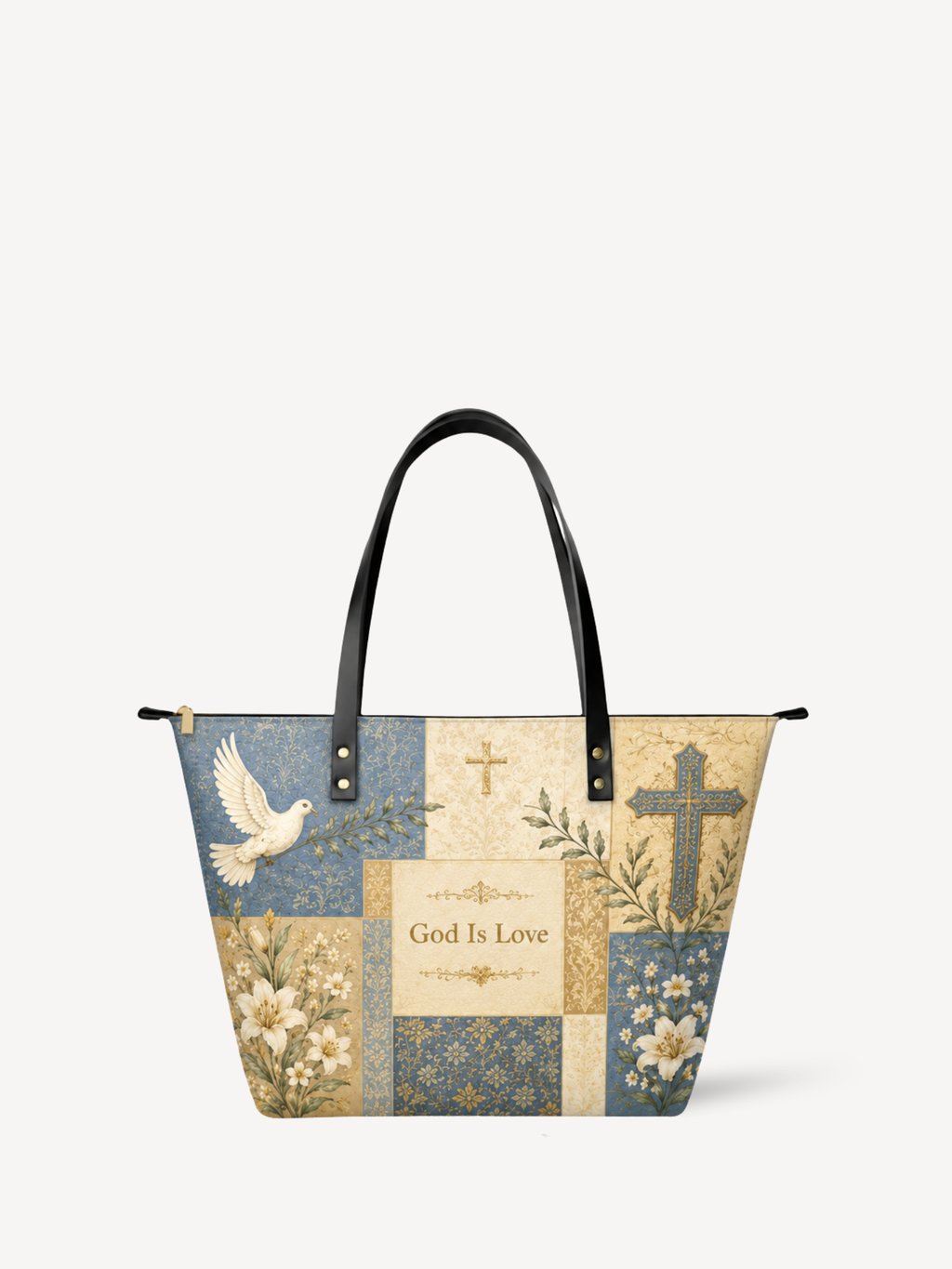 "God Is Love" Leather Tote Bag - Catholic Leather Tote Bag, Front View