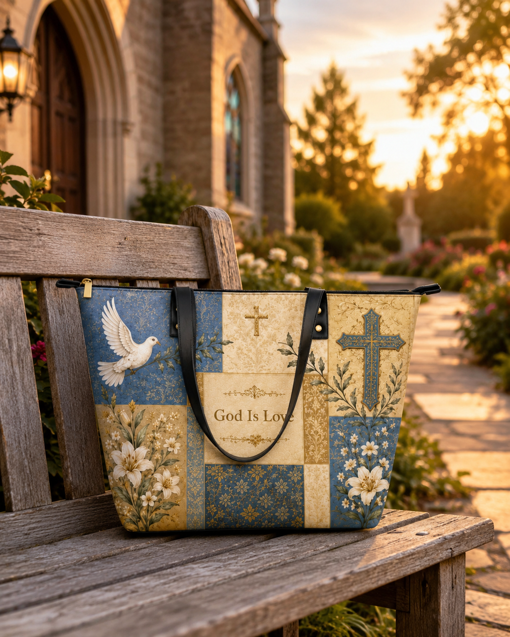 "God Is Love" Leather Tote Bag - Catholic Leather Tote Bag, View 6