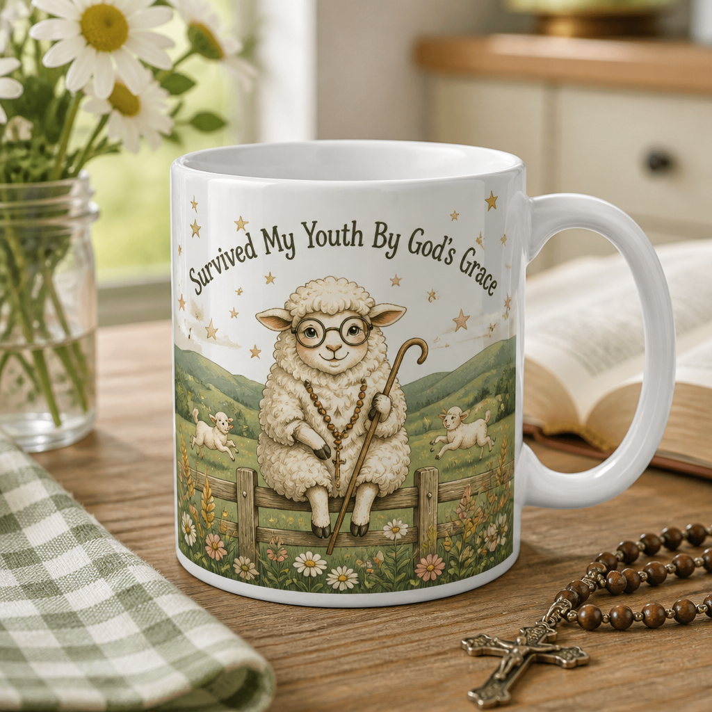Grace Kept The Sheep Ceramic Mug - Christian Coffee Mug, front view