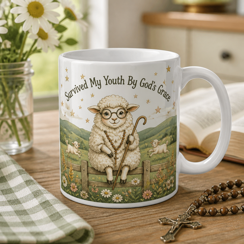 Grace Kept The Sheep Ceramic Mug - Christian Coffee Mug, front view