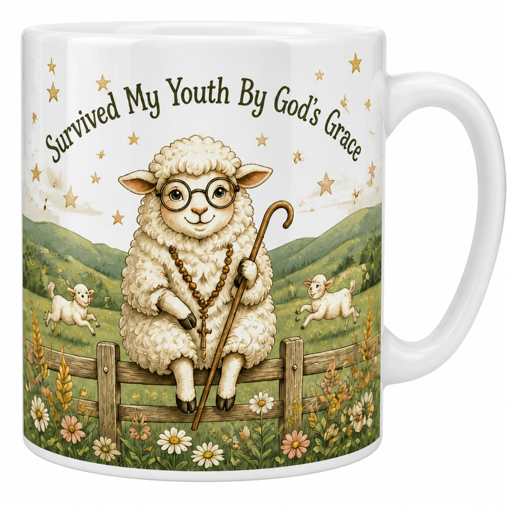 Grace Kept The Sheep Ceramic Mug - Christian Coffee Mug, detail view