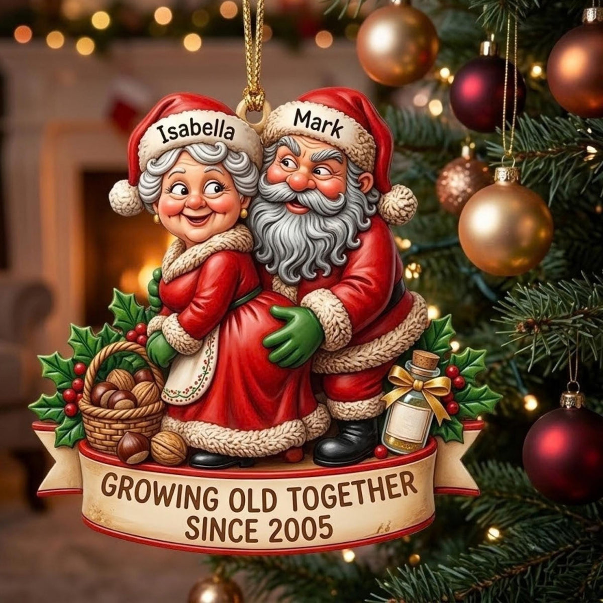 Growing Old Together Santa Couple Acrylic Ornament - Acrylic Christmas Ornament, front view