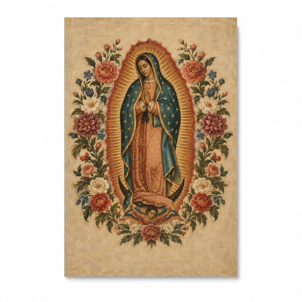 Guadalupe Floreada Canvas Wall Art - Catholic Wall Art, front view