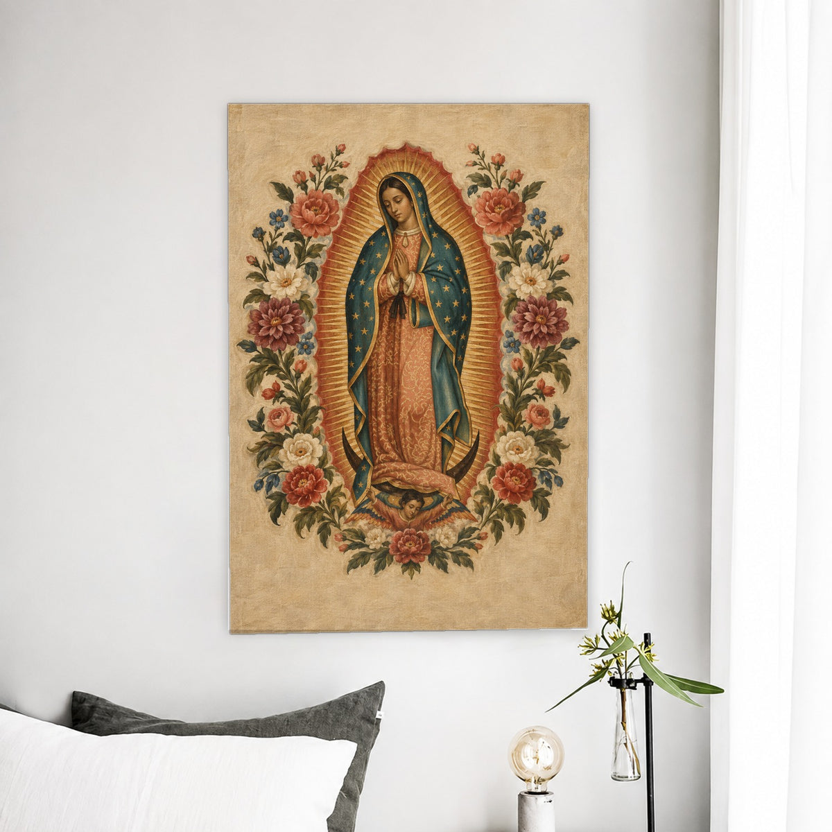 Guadalupe Floreada Canvas Wall Art - Catholic Wall Art, detail view