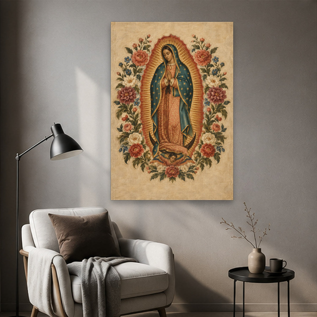 Guadalupe Floreada Canvas Wall Art - Catholic Wall Art, styled in the home