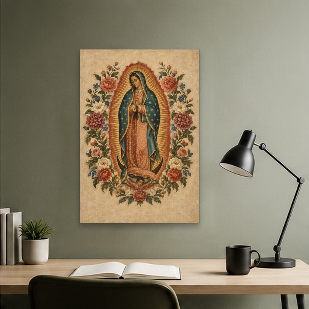 Guadalupe Floreada Canvas Wall Art - Catholic Wall Art, close-up of the print