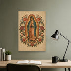 Guadalupe Floreada Canvas Wall Art - Catholic Wall Art, close-up of the print
