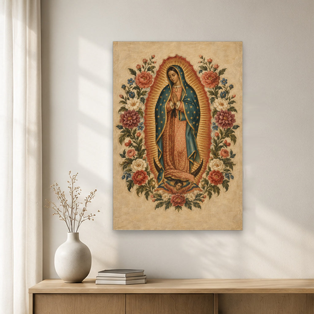 Guadalupe Floreada Canvas Wall Art - Catholic Wall Art, gift presentation