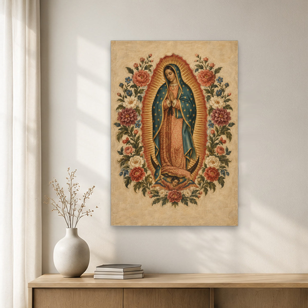 Guadalupe Floreada Canvas Wall Art - Catholic Wall Art, gift presentation