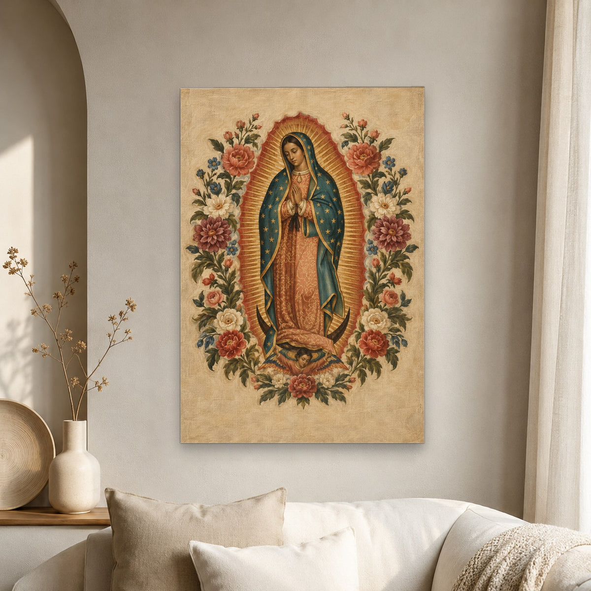 Guadalupe Floreada Canvas Wall Art - Catholic Wall Art, scale reference