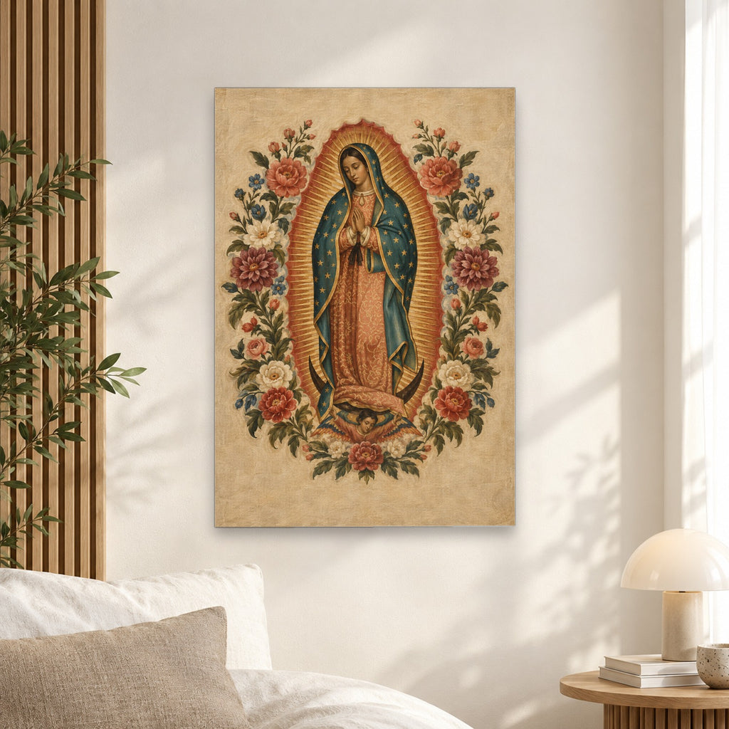 Guadalupe Floreada Canvas Wall Art - Catholic Wall Art, alternate angle