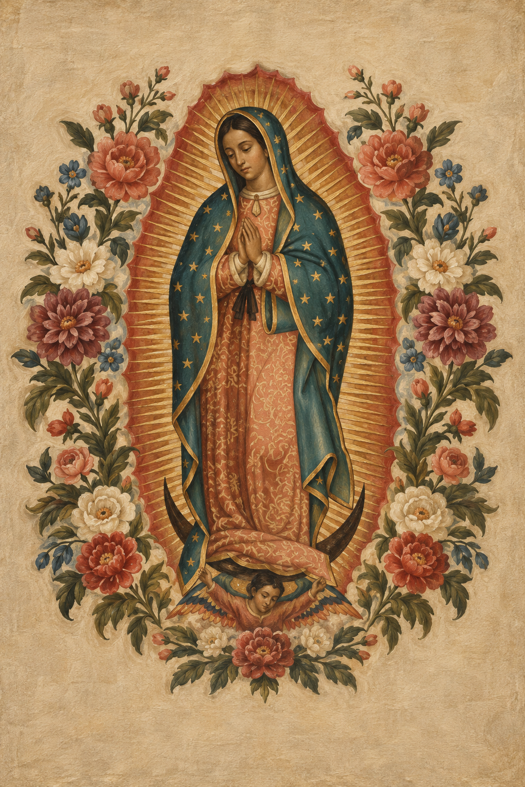 Guadalupe Floreada Canvas Wall Art - Catholic Wall Art, lifestyle scene