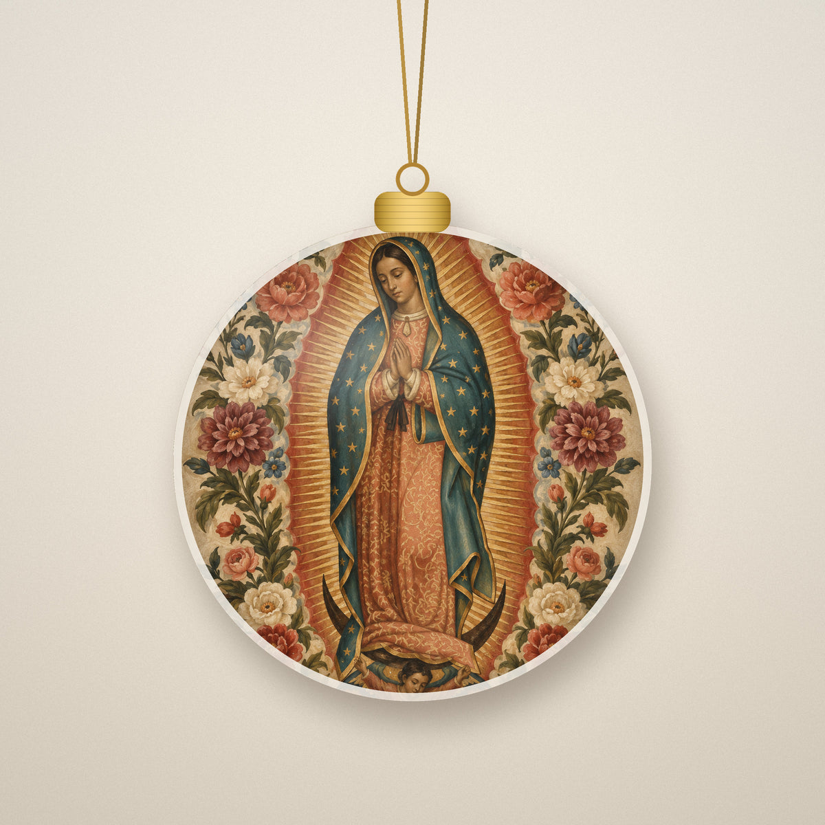 Guadalupe Floreada Ceramic Ornament - Catholic Christmas Ornament, front view