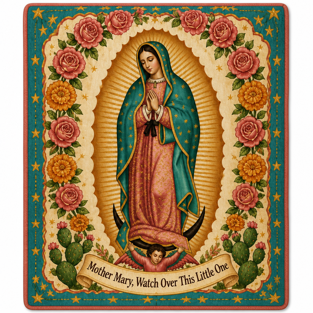 Guadalupe Rose Garden Fleece Blanket - Christian Blanket, detail view