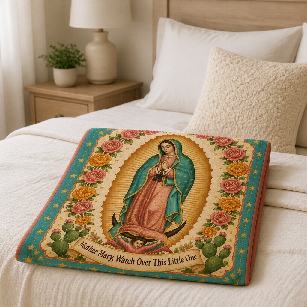 Guadalupe Rose Garden Fleece Blanket - Christian Blanket, styled in the home