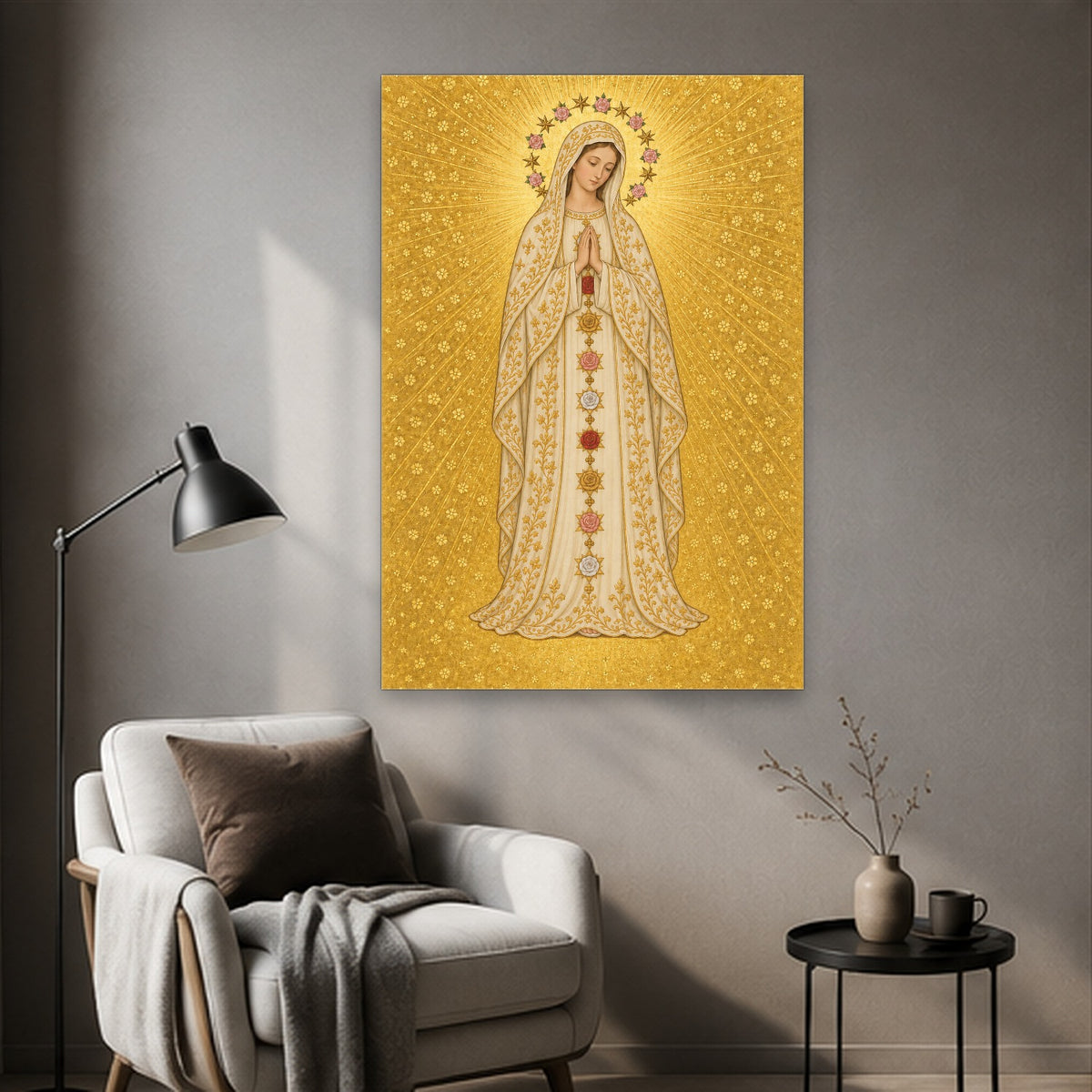 Hail, Full of Grace in Manuscript Canvas Wall Art - Catholic Wall Art, styled in the home
