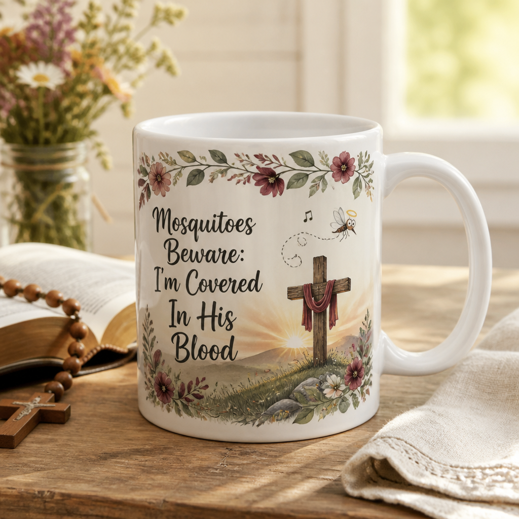 Haloed Mosquito Hymn Ceramic Mug - Christian Coffee Mug, front view