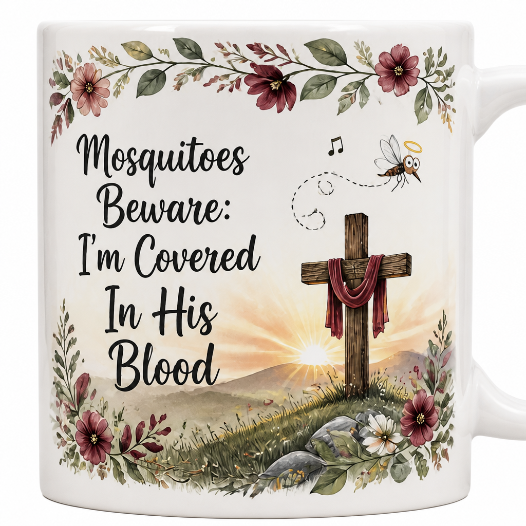 Haloed Mosquito Hymn Ceramic Mug - Christian Coffee Mug, detail view
