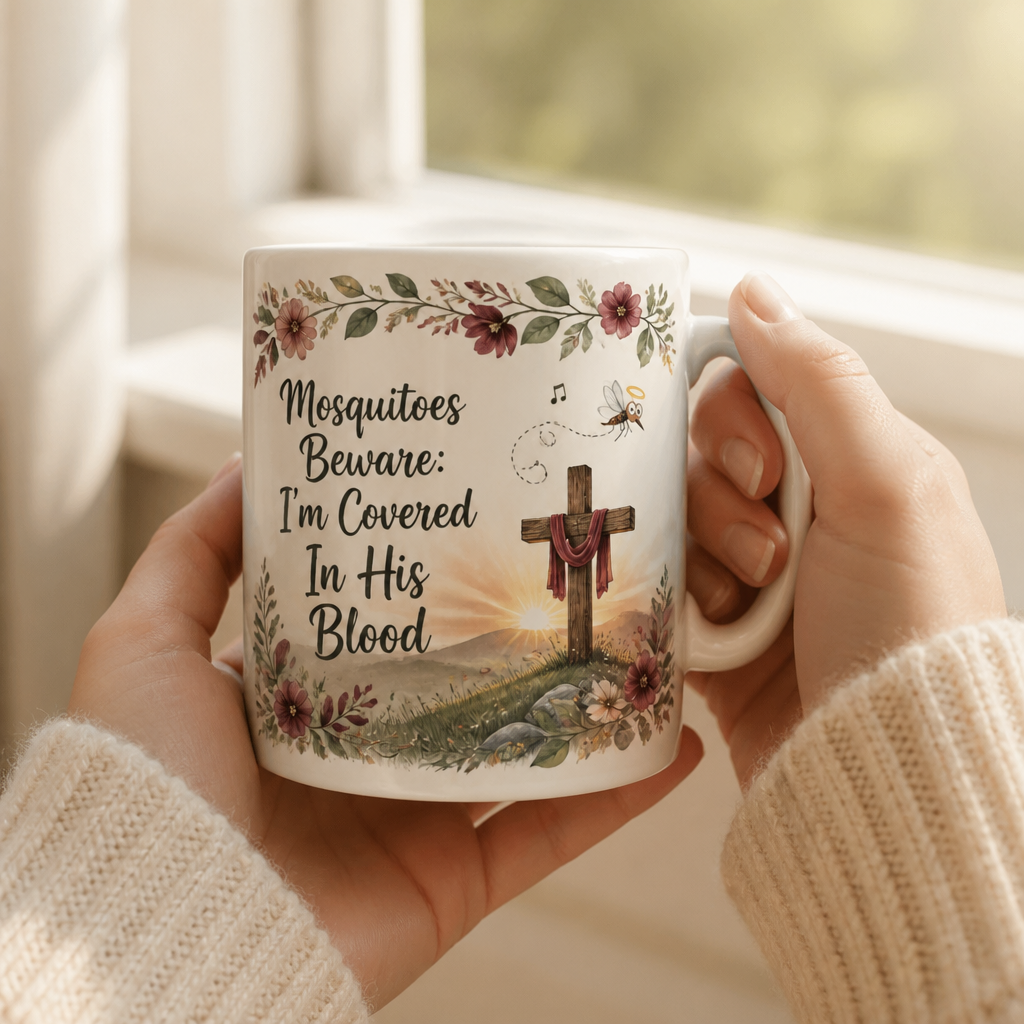 Haloed Mosquito Hymn Ceramic Mug - Christian Coffee Mug, styled in the home