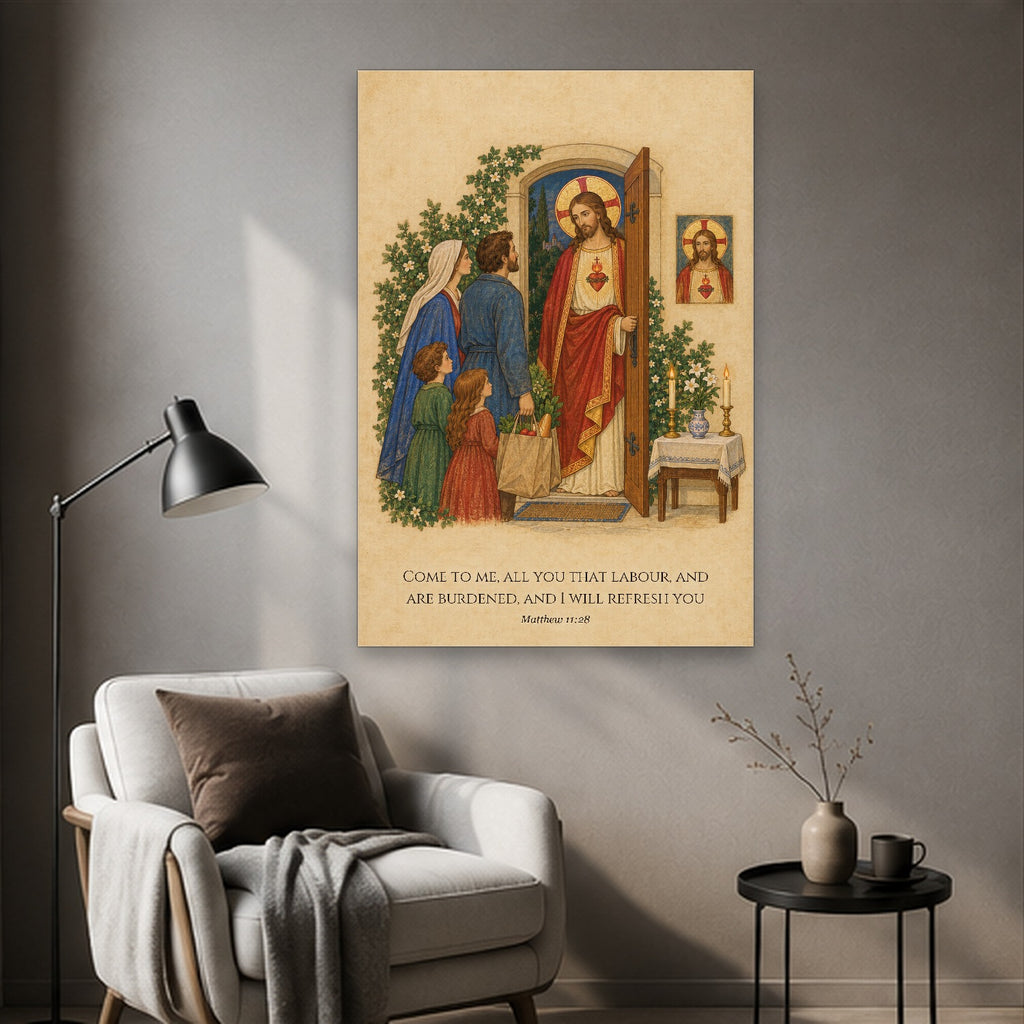 Heart of the Home Canvas Wall Art - Catholic Wall Art, styled in the home