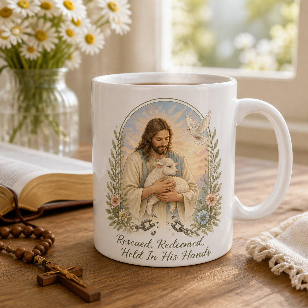 Held In His Hands Ceramic Mug - Christian Coffee Mug, front view
