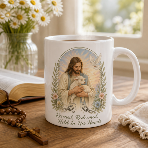 Held In His Hands Ceramic Mug - Christian Coffee Mug, front view