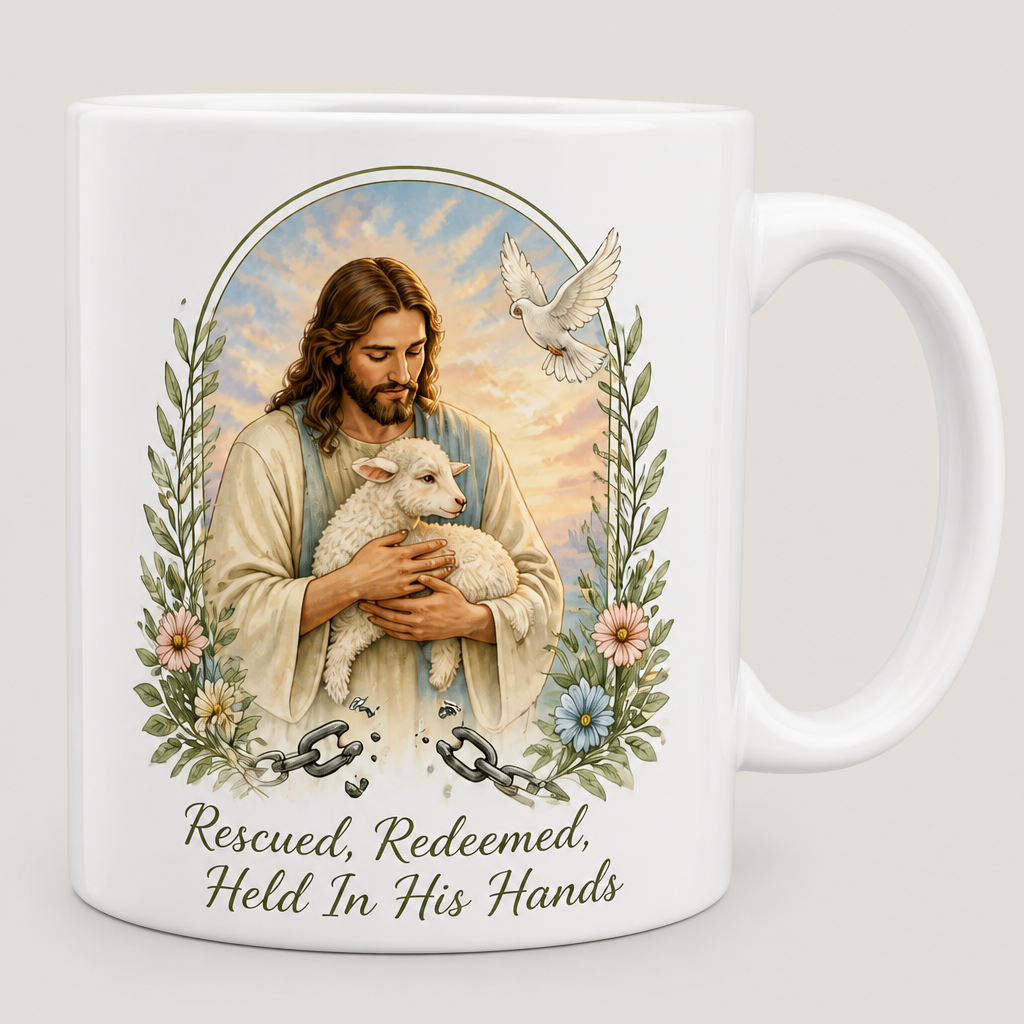 Held In His Hands Ceramic Mug - Christian Coffee Mug, detail view