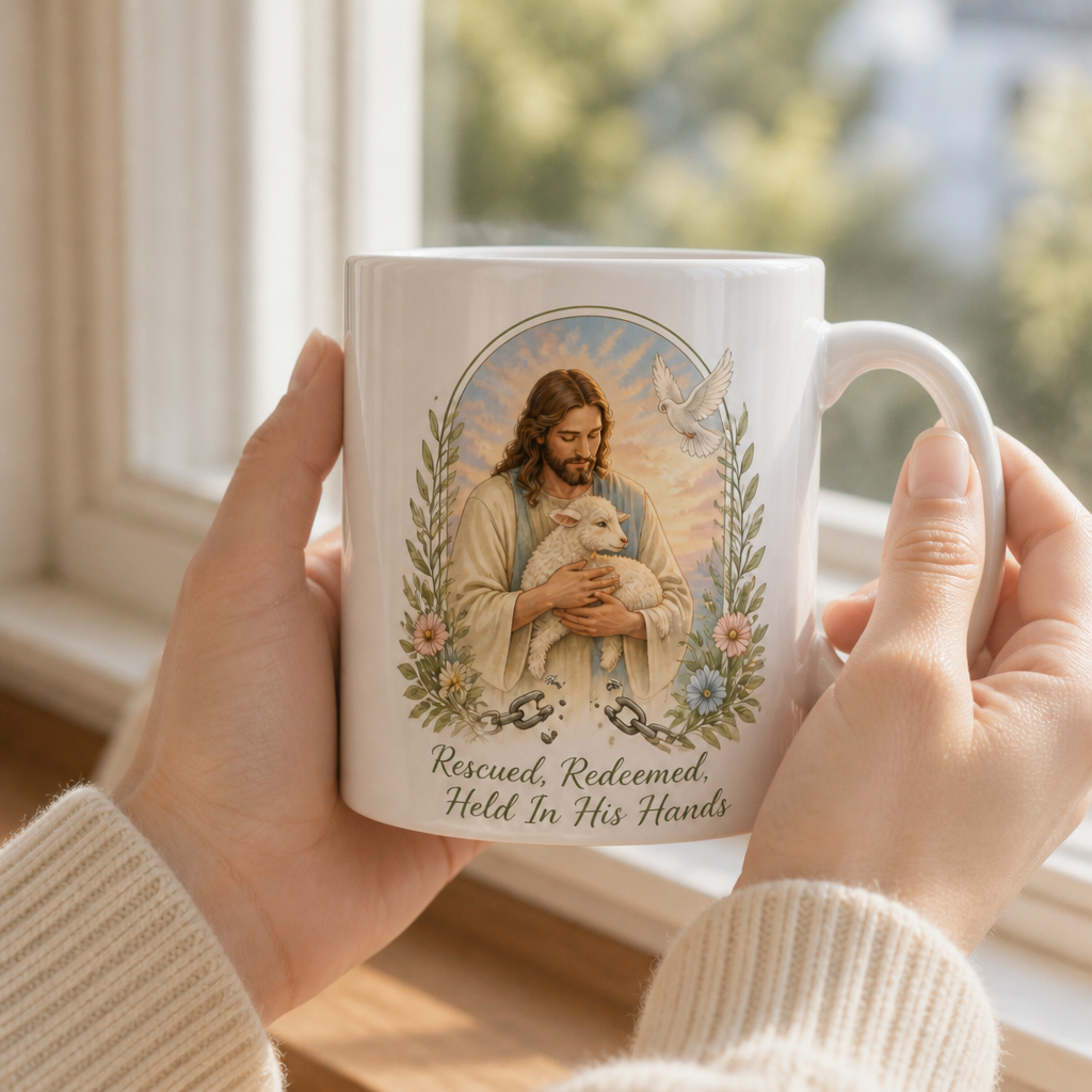 Held In His Hands Ceramic Mug - Christian Coffee Mug, styled in the home