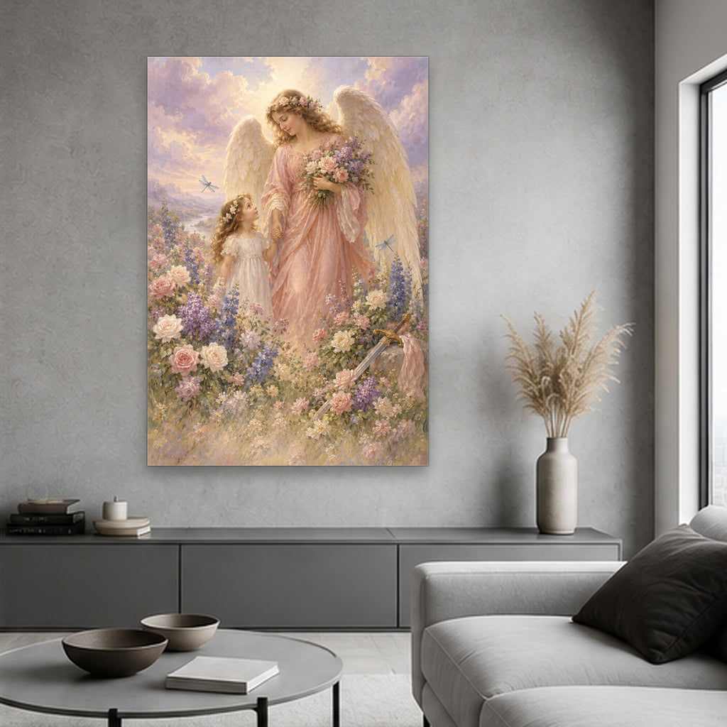 His Angels Charge Canvas Wall Art - Catholic Wall Art, hanging display