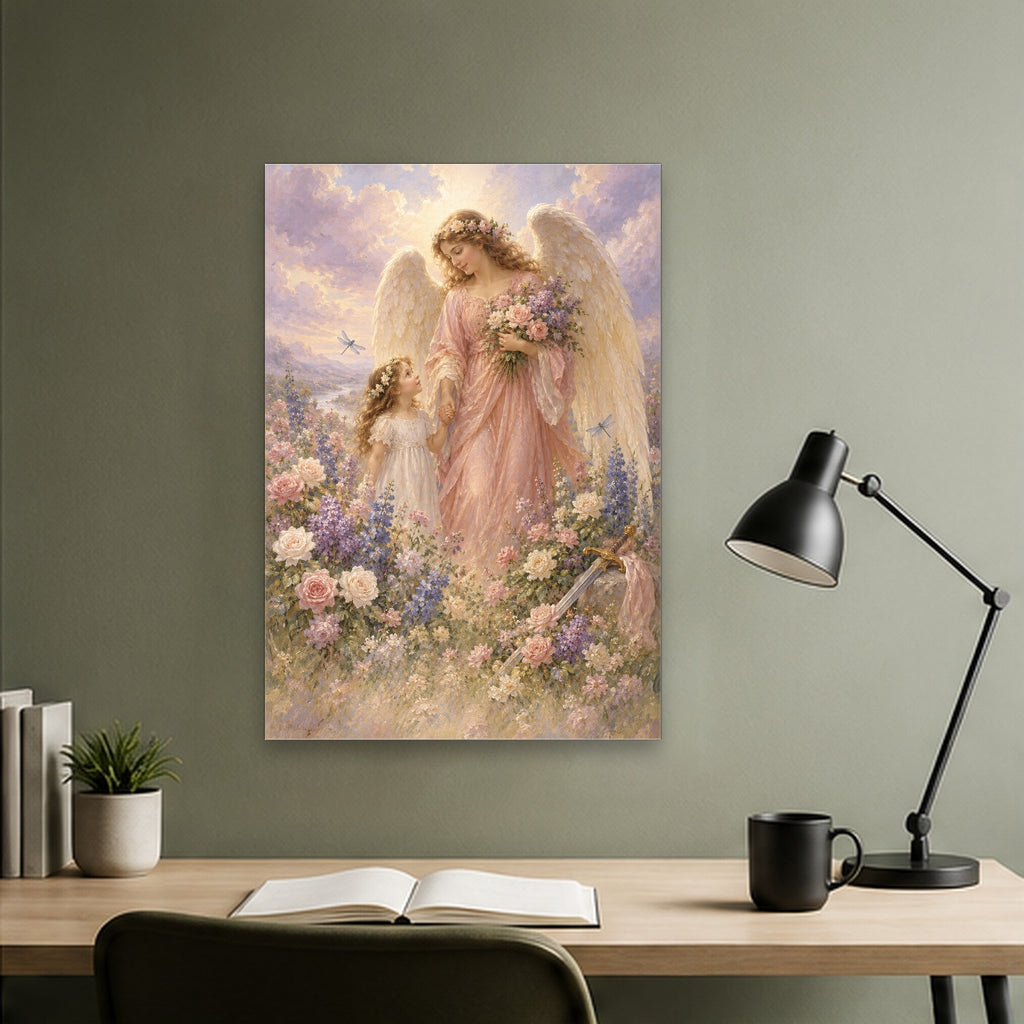 His Angels Charge Canvas Wall Art - Catholic Wall Art, close-up of the print