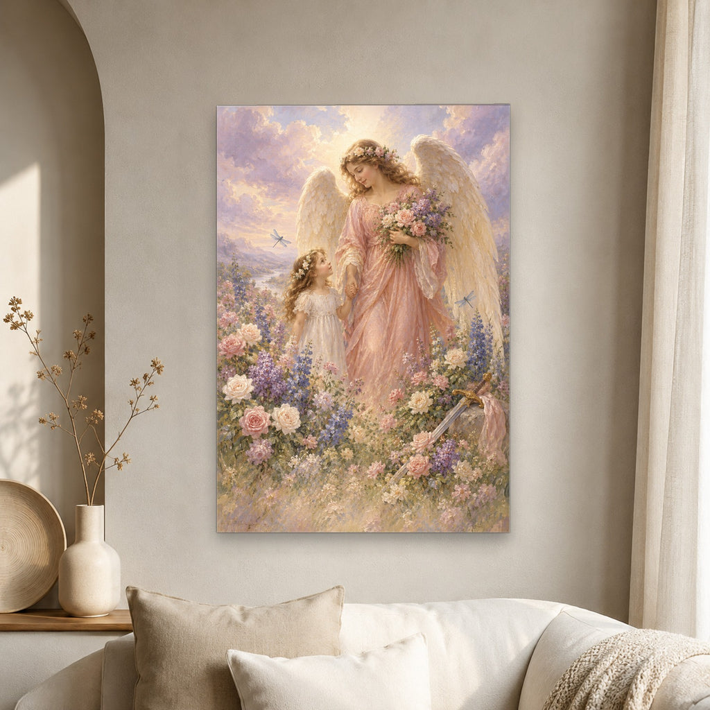 His Angels Charge Canvas Wall Art - Catholic Wall Art, scale reference