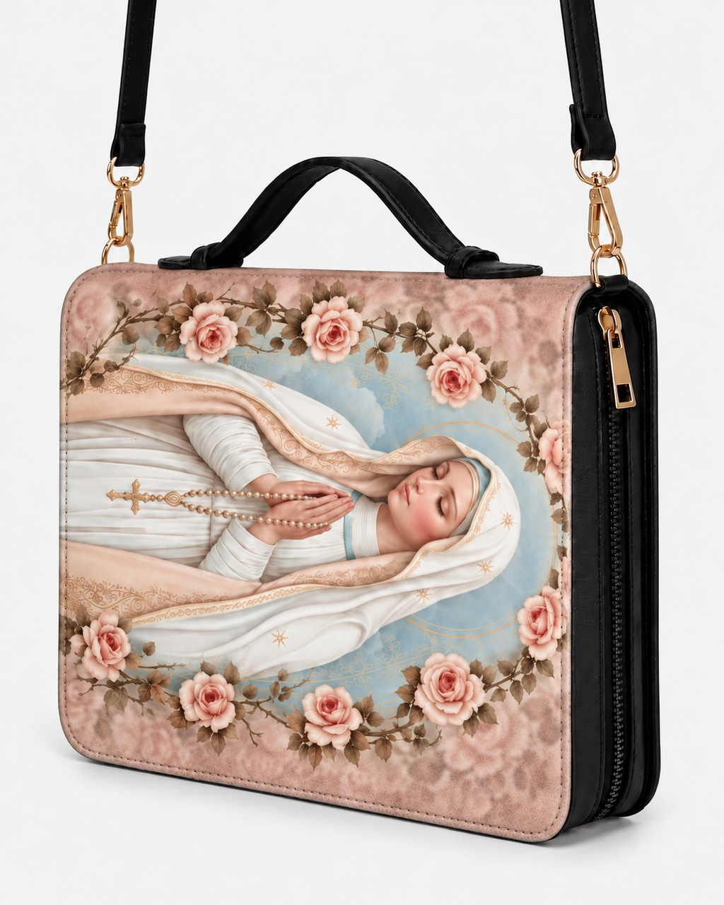 Holy Rosary Bible Cover - PU Leather Bible Cover, styled in the home